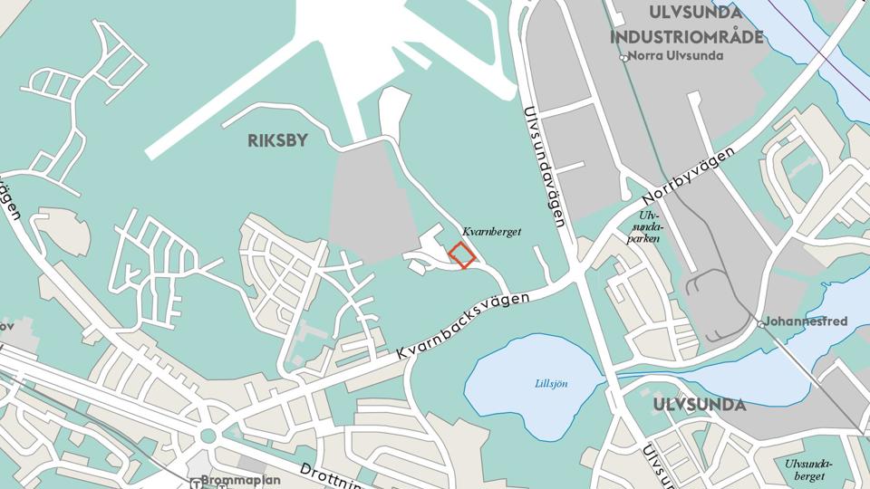 Översiktskarta över Åkeshov och Ulvsunda med mera. Planområdet vid Kvarnberget markerat med orange linje.